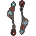 Tahoe Hand Tooled Turquoise Floral and Leaf Leather, Hand Painted Spur Straps Unisex Pair for Horse Riding, Barrel Racing and Horse Shows
