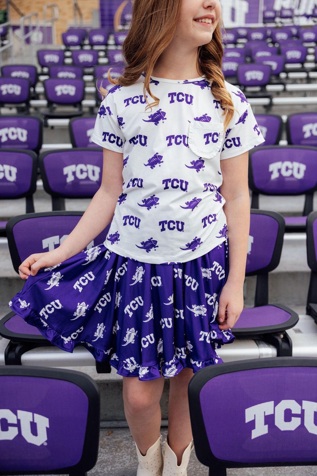 TCU Purple Frog Ruffle Twirl Skort
