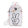 Disney Vegan Leather Crossbody Sling Bag, Mickey Mouse Peace Fingers Applique and Icons Collage, White, 7" x 14"