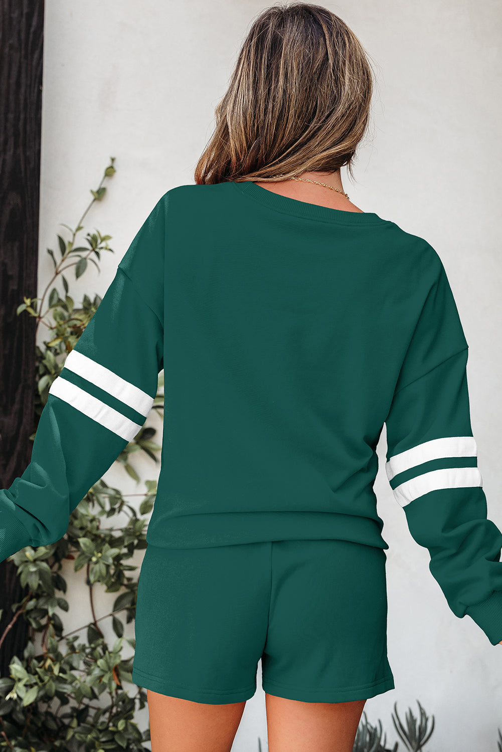 Evergreen Varsity Striped Sleeve Drop Shoulder Sweatshirt and Short Set