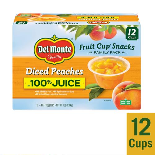 Del Monte Diced Peaches Fruit Cup Snacks In 100% Fruit Juice, 12 Pack, 4 Oz