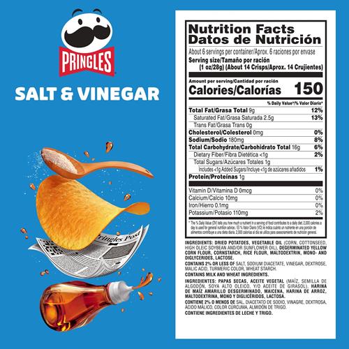 Pringles Potato Crisps Chips, Lunch Snacks, On-The-Go Snacks, Salt And Vinegar, 5.5Oz Can (1 Can)