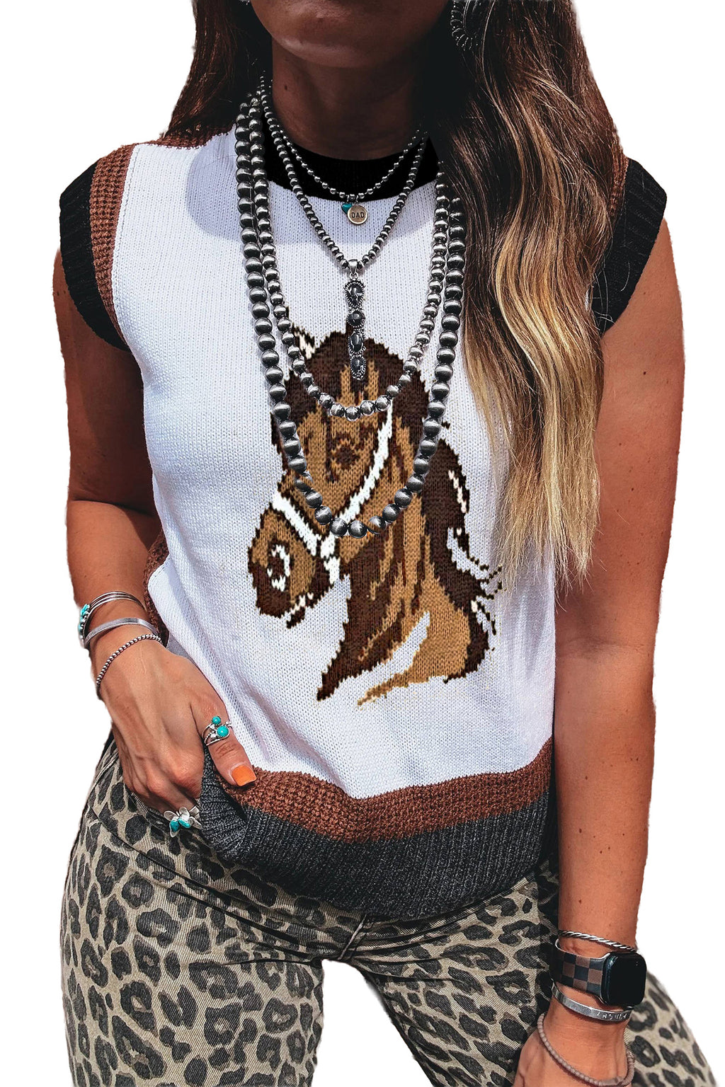 White Western Horse Head Colorblock Trim Sweater Vest