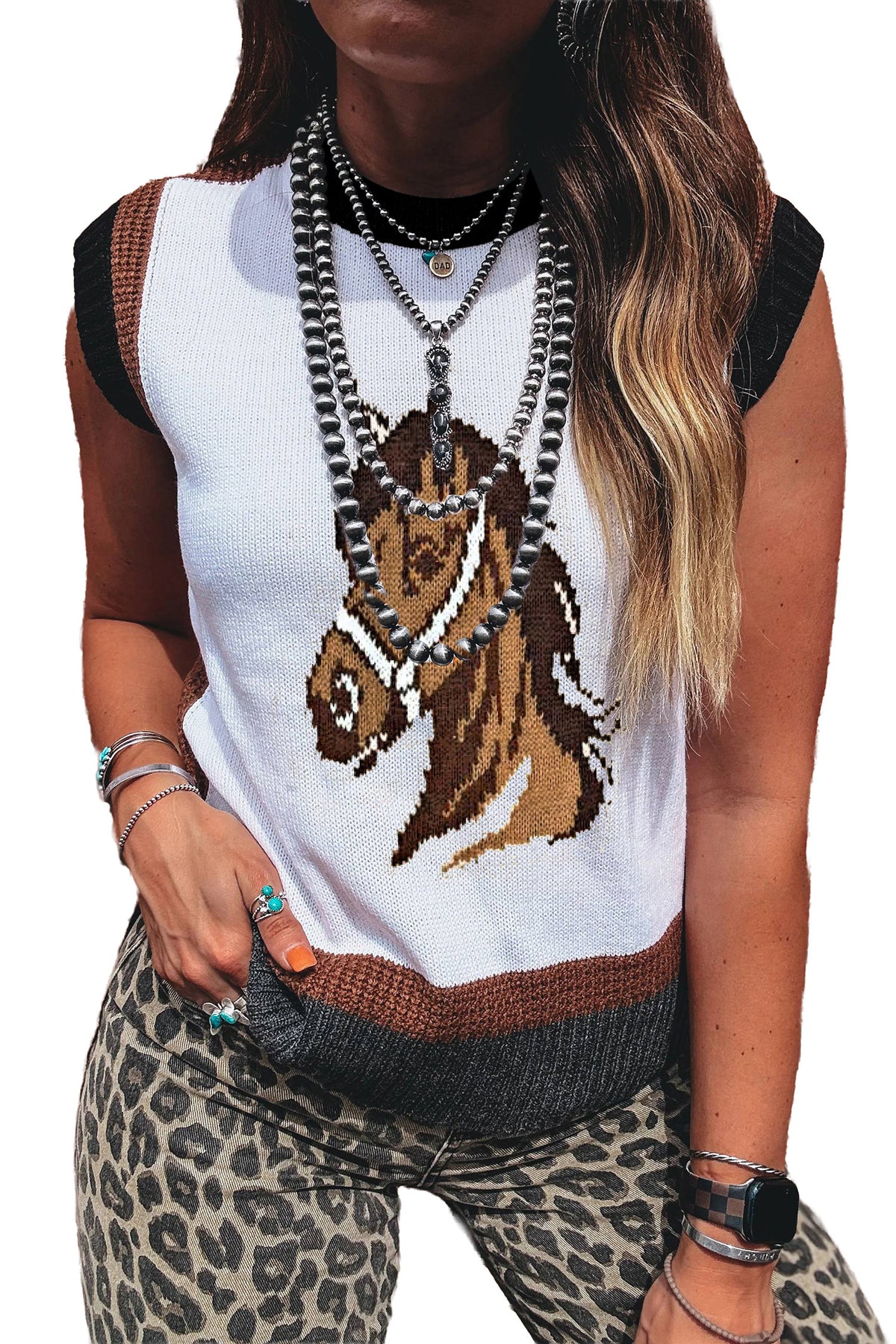 White Western Horse Head Colorblock Trim Sweater Vest