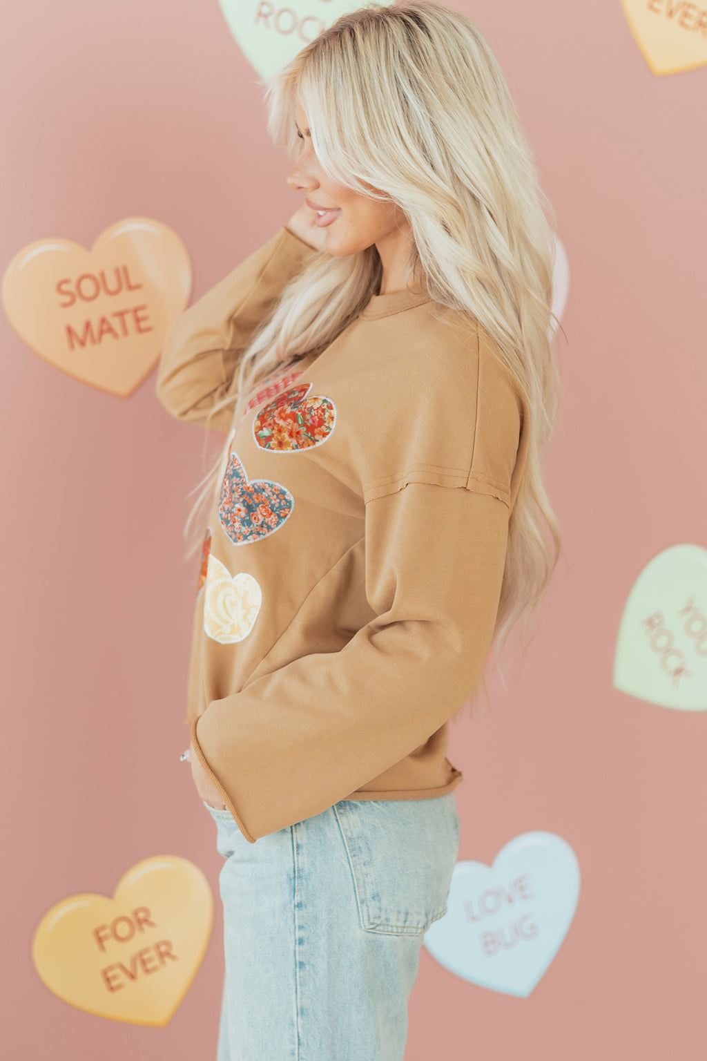Straw Yellow Plaid Floral Heart Stitched Exposed Seam Mineral Wash Sweatshirt