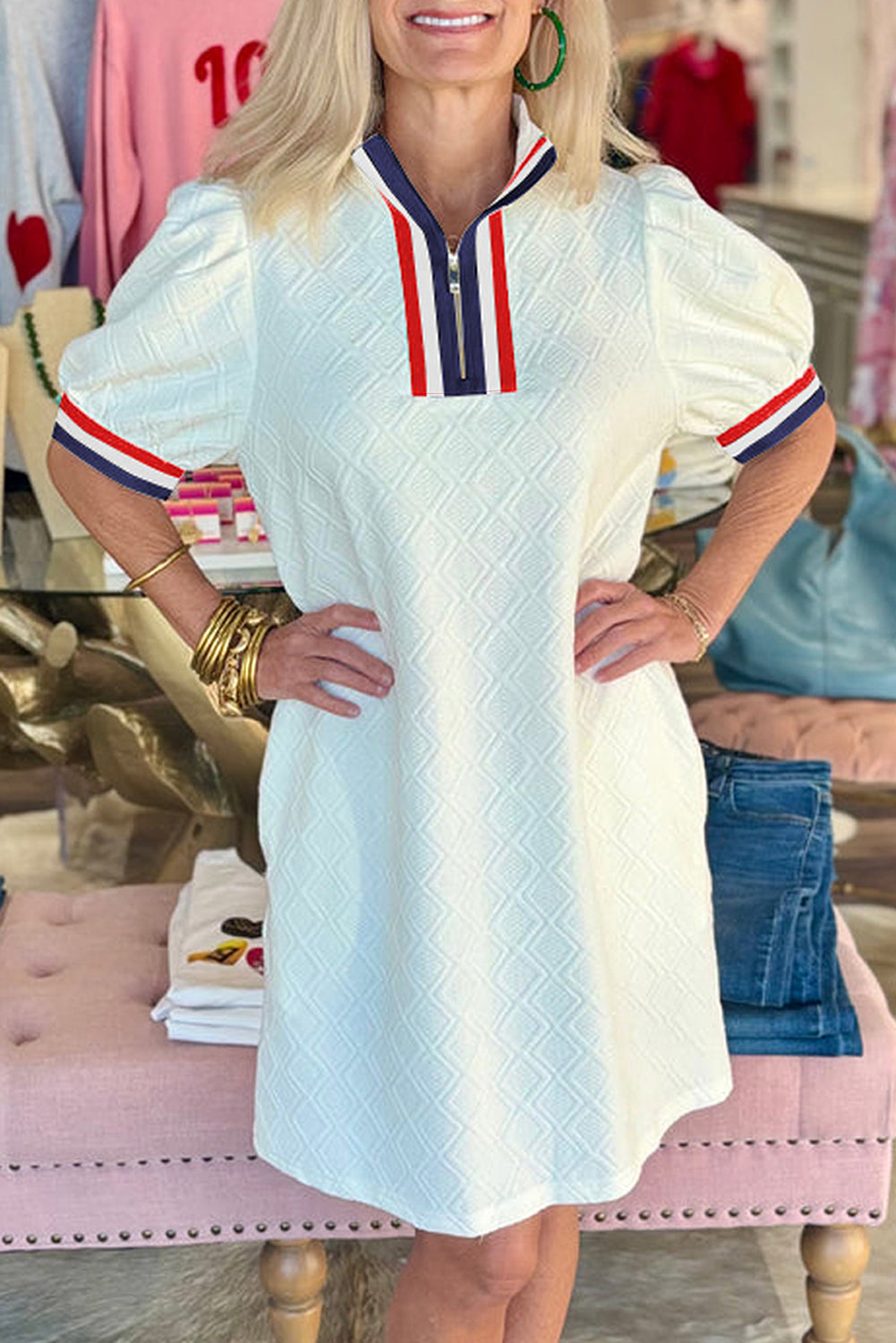 White Textured Jacquard Colorblock Edge Puff Sleeve Quarter Zip Mini Dress