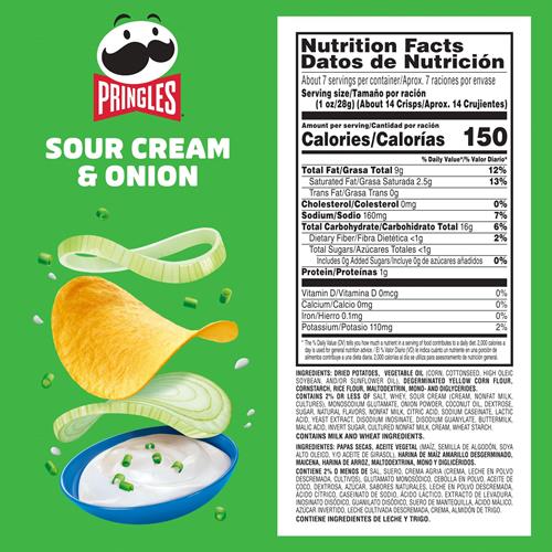 Pringles Potato Crisps Chips, Lunch Snacks, On-The-Go Snacks, Party Stack, Sour Cream And Onion, 7.1Oz Can (1 Can)