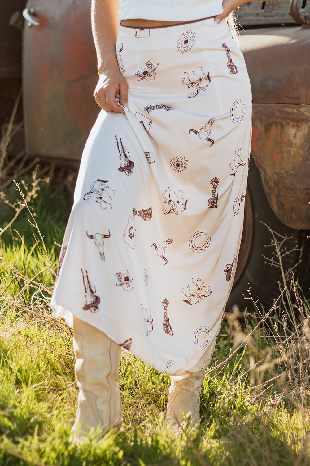 Beige Western Print Satin Long Skirt