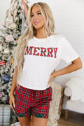 White Plaid Letter Print Short Sleeve Top Elastic Waist Pocket Shorts Lounge Set