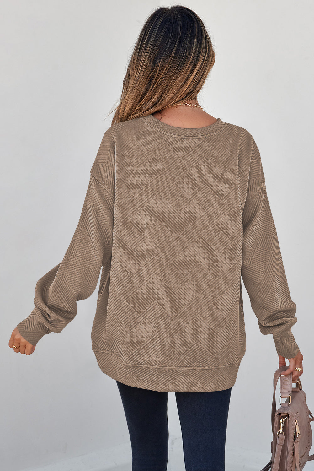 Black Solid Color Textured Round Neck Drop Shoulder Pullover Sweatshirt