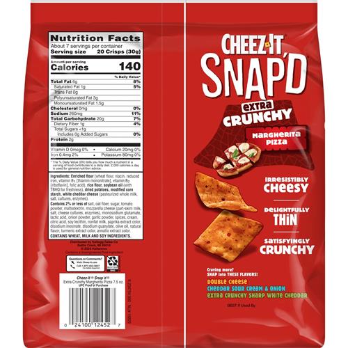 Cheez-It Snapd Cheesy Baked Snacks, Thin Crisps, Lunch Snacks, Extra Crunchy Margherita Pizza, 7.5Oz Bag (1 Bag)