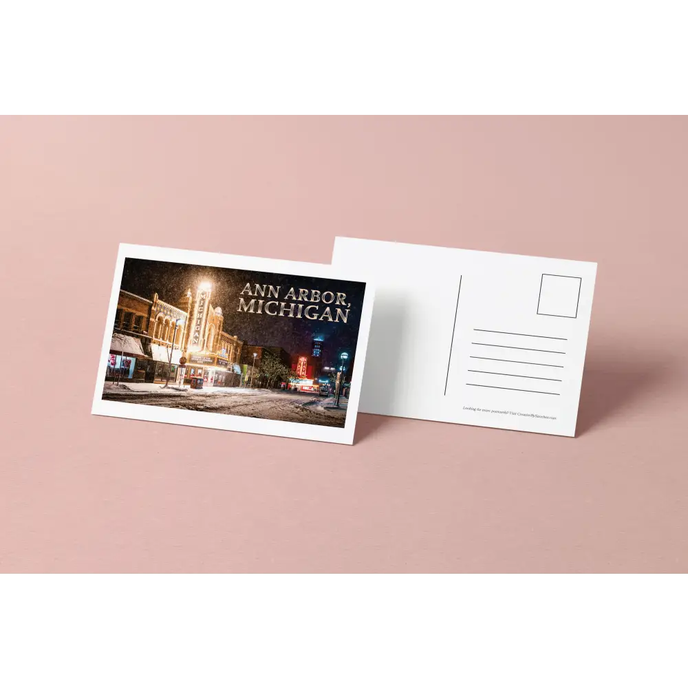 Ann Arbor Michigan Postcard – Winter Night Scene, Michigan Theater – Original Postcard by Creative By Sanchez