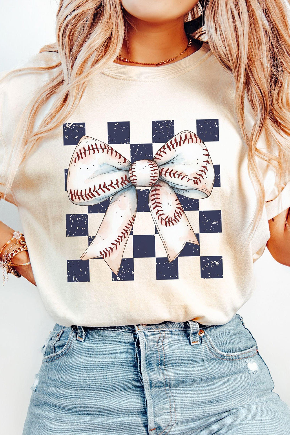 White Checkered Rugby Bowknot Graphic Crew T Shirt
