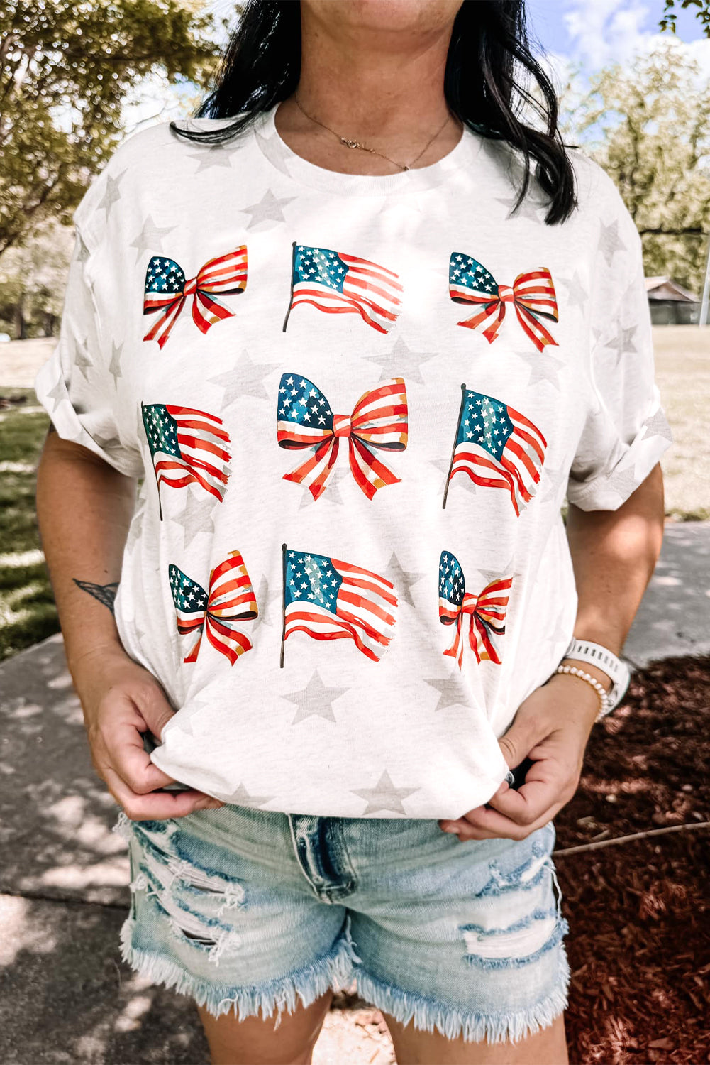 Khaki Patriotic Flag Bow Graphic Starry Round Neck T Shirt