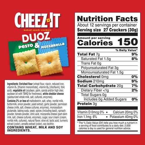 Cheez-It Duoz Baked Snack Crackers, Lunch Snacks, Pesto And Mozzarella, 12.4Oz Box (1 Box)