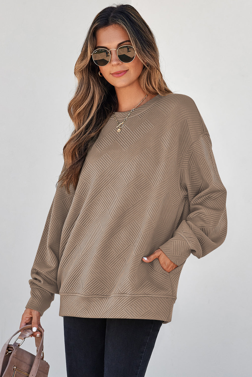 Black Solid Color Textured Round Neck Drop Shoulder Pullover Sweatshirt