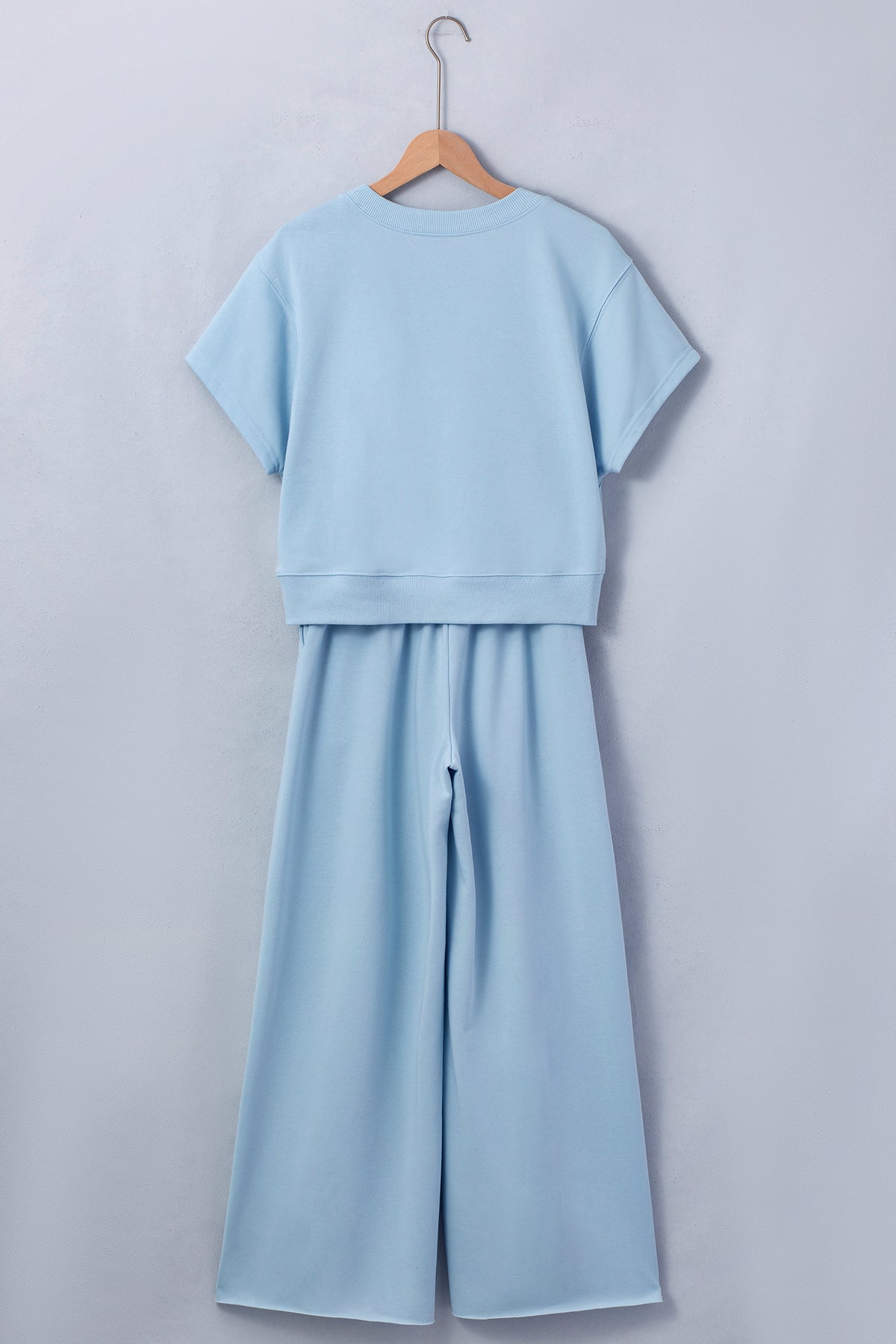 Light Pink Solid Color Loose Tee Drawstring Wide Leg Pants 2pcs Outfit