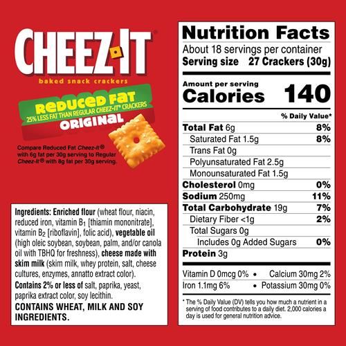Cheez-It Cheese Crackers, Baked Snack Crackers, Lunch Snacks, Family Size, Reduced Fat Original, 19Oz Box (1 Box)