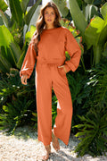 Flamingo Drop Shoulder Puff Sleeve Crop Pullover Drawstring Wide Leg Pants Set