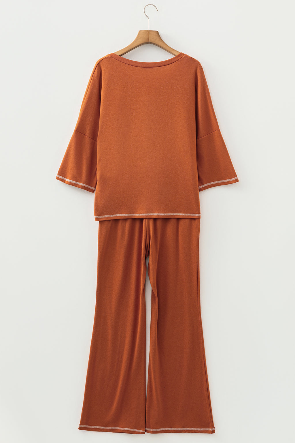 Grapefruit Orange Contrast Stitching Buttoned V Neck Half Sleeve Top and Drawstring Flare Pants Set