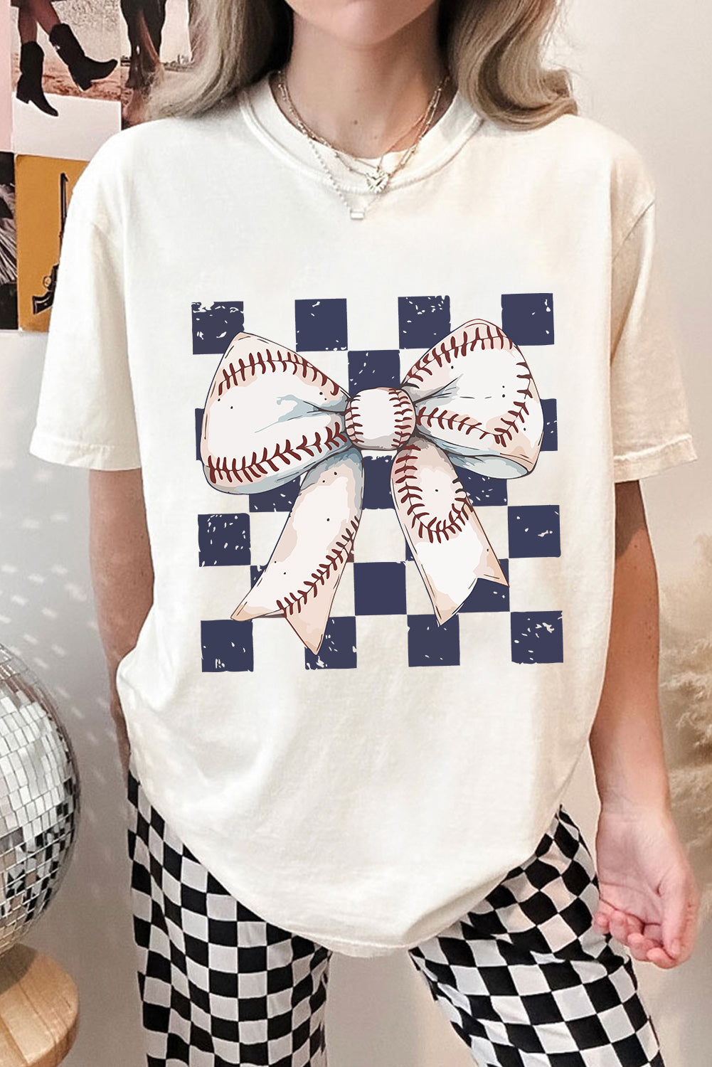 White Checkered Rugby Bowknot Graphic Crew T Shirt