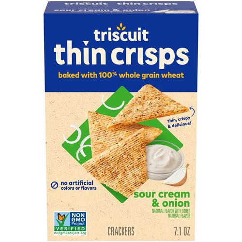 Triscuit Thin Crisps Sour Cream & Onion Whole Grain Wheat Crackers, Lunch Snacks, Snack Crackers, 7.1 Oz