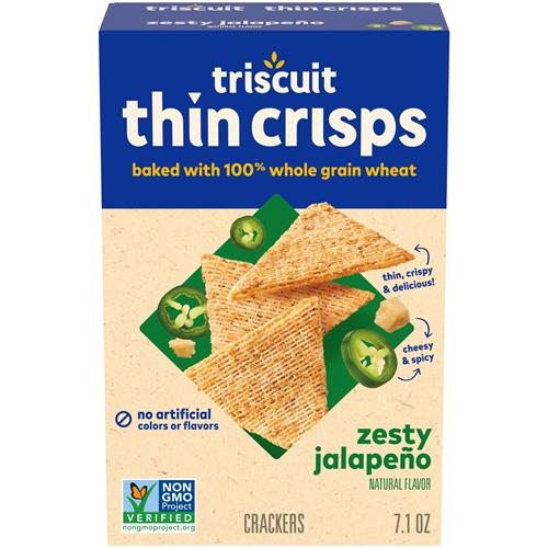 Triscuit Thin Crisps Zesty Jalapeno Whole Grain Wheat Crackers, Lunch Snacks, Snack Crackers, 7.1 Oz