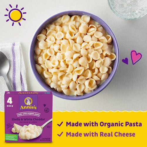 Annies Shells And White Cheddar Mac And Cheese With Organic Pasta, Dinner Side Or Snacks, 4 Ct, 24 Oz