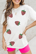 White Sequin Strawberry Patched Crew Neck T Shirt