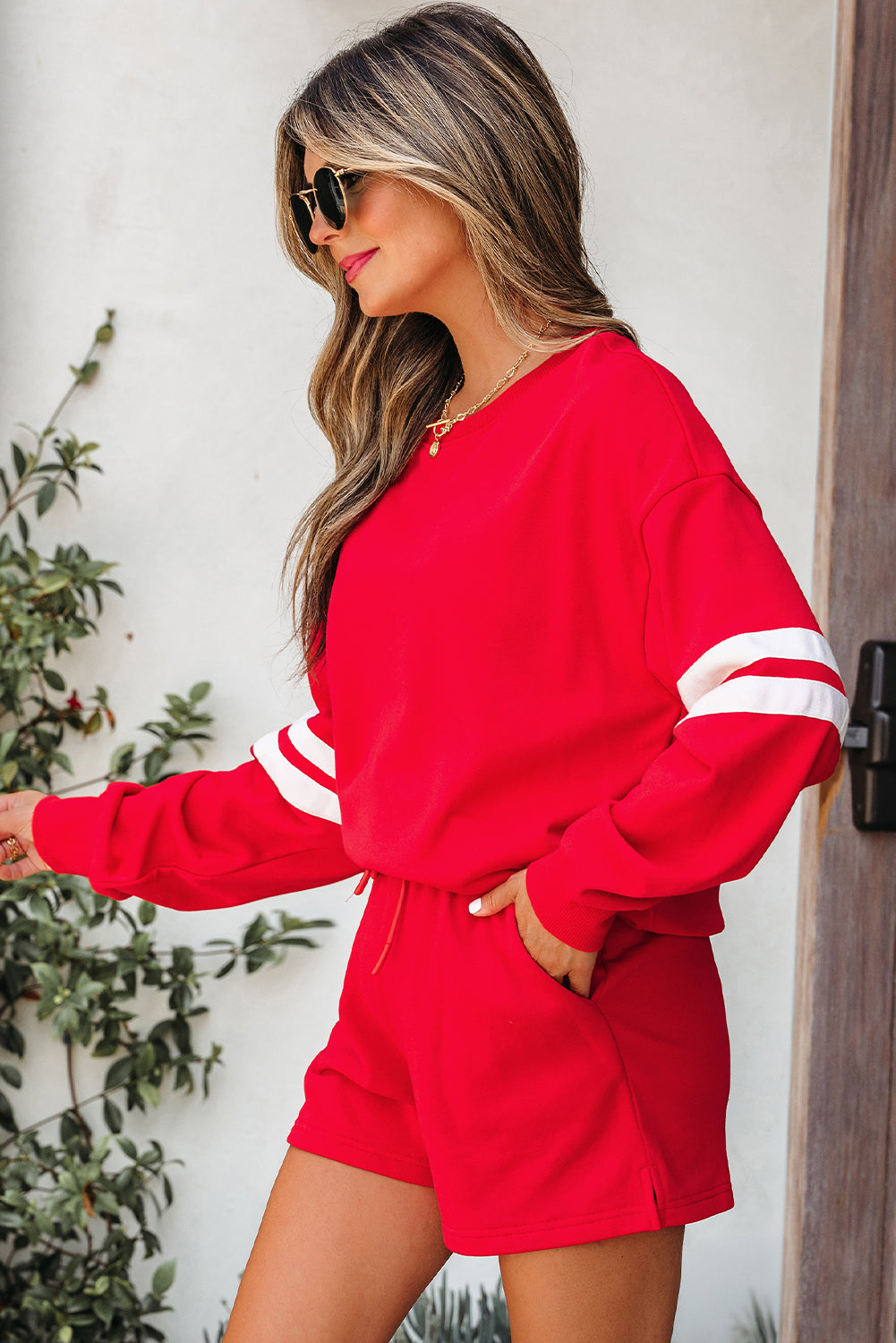 Evergreen Varsity Striped Sleeve Drop Shoulder Sweatshirt and Short Set