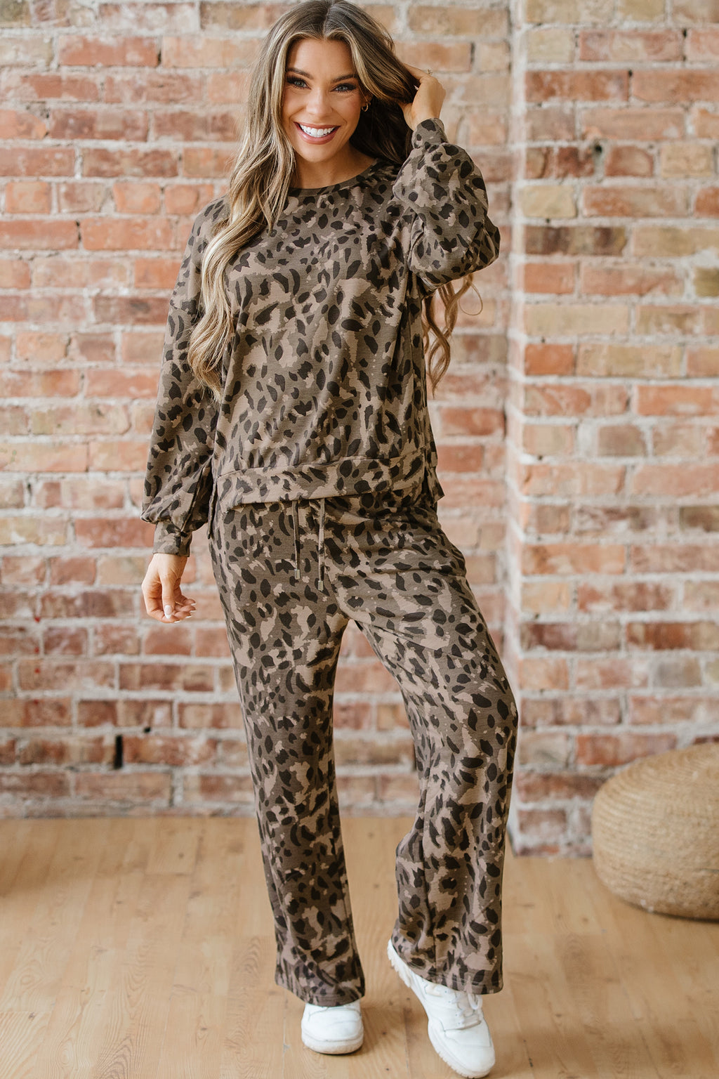 Brown Leopard Print Raw Seam Patchwork Pullover Drawstring Loose Pant Set