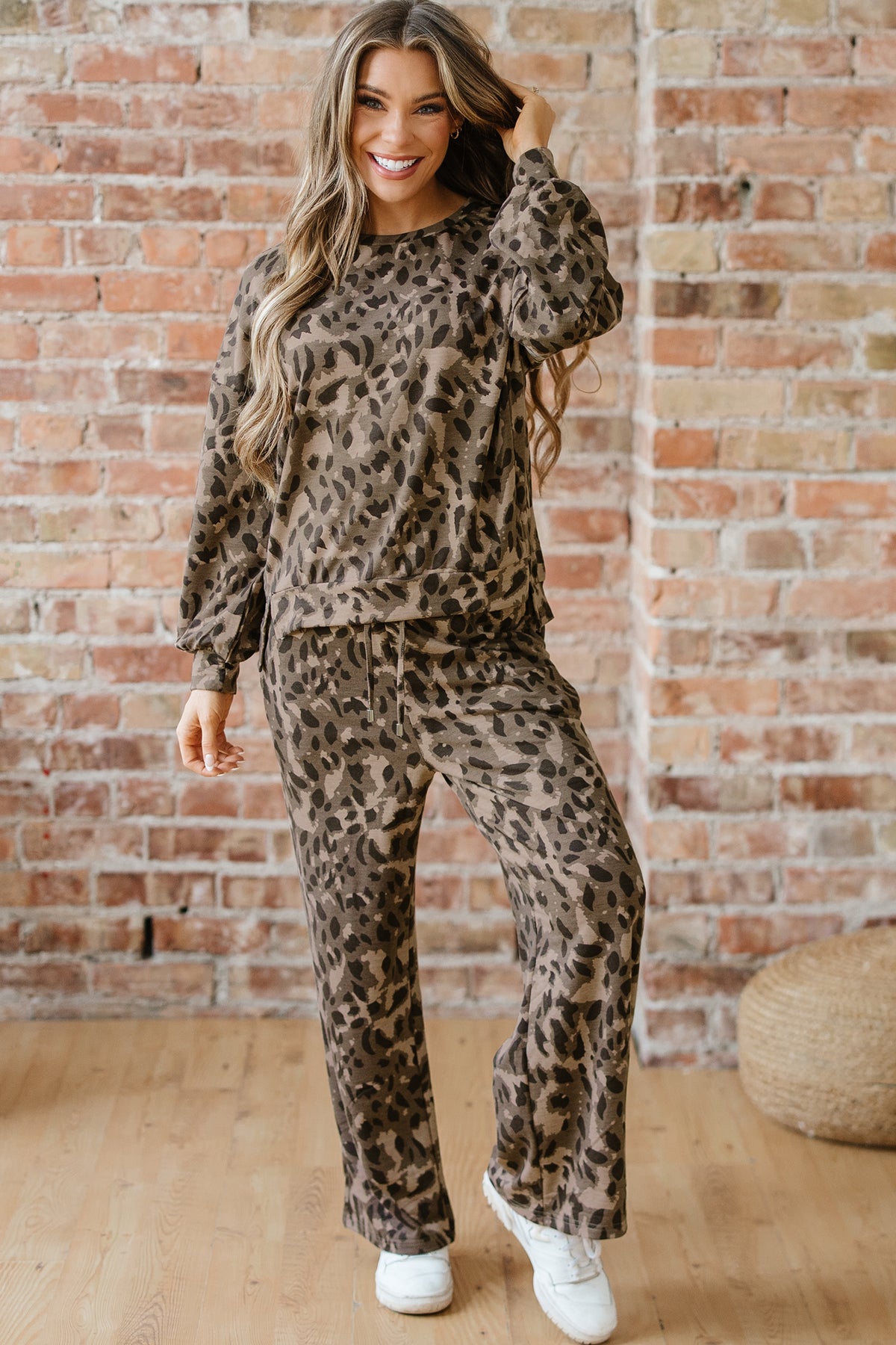 Brown Leopard Print Raw Seam Patchwork Pullover Drawstring Loose Pant Set