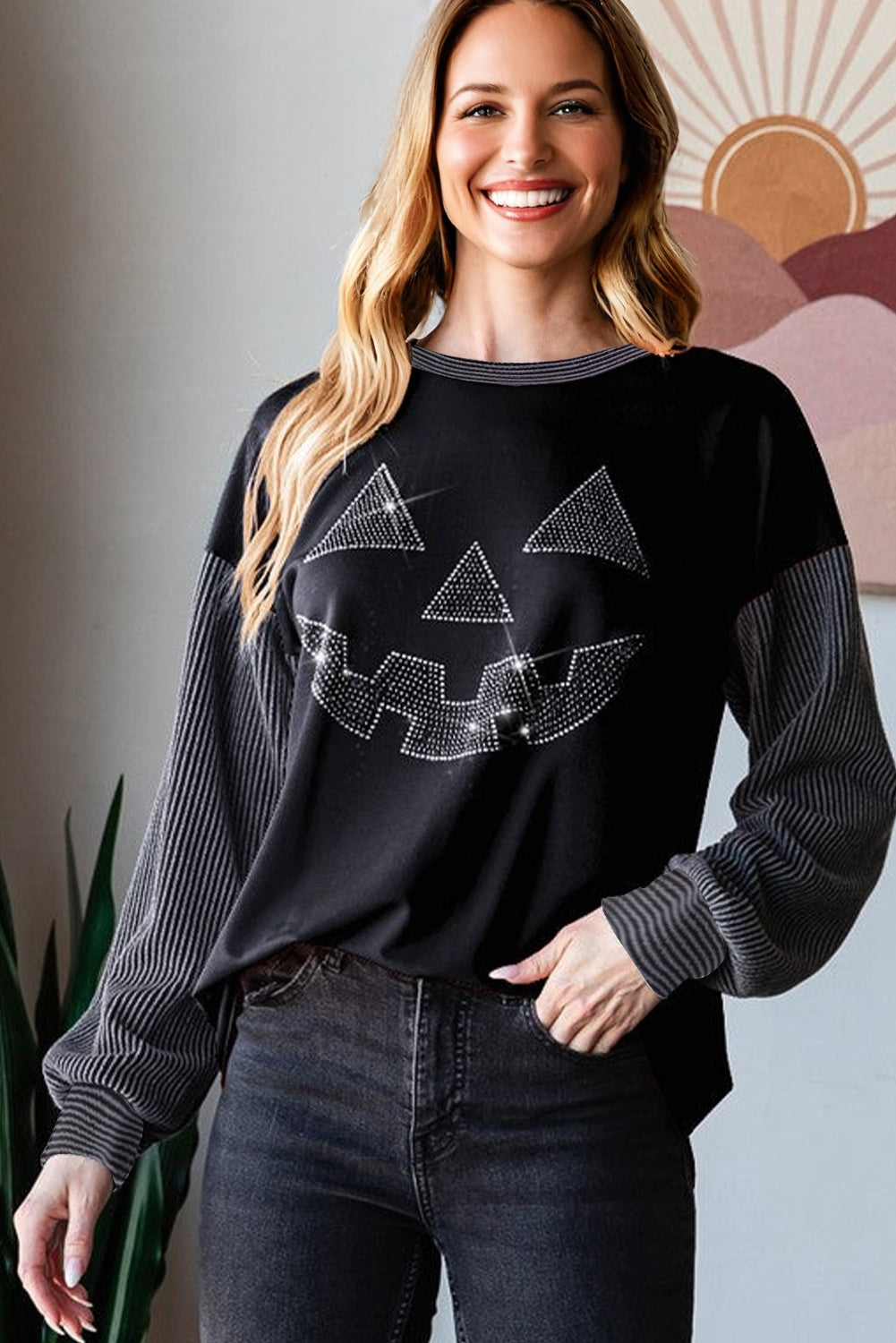 Black Halloween Rhinestone Pumpkin Face Contrast Ribbed Long Sleeve Patchwork Top