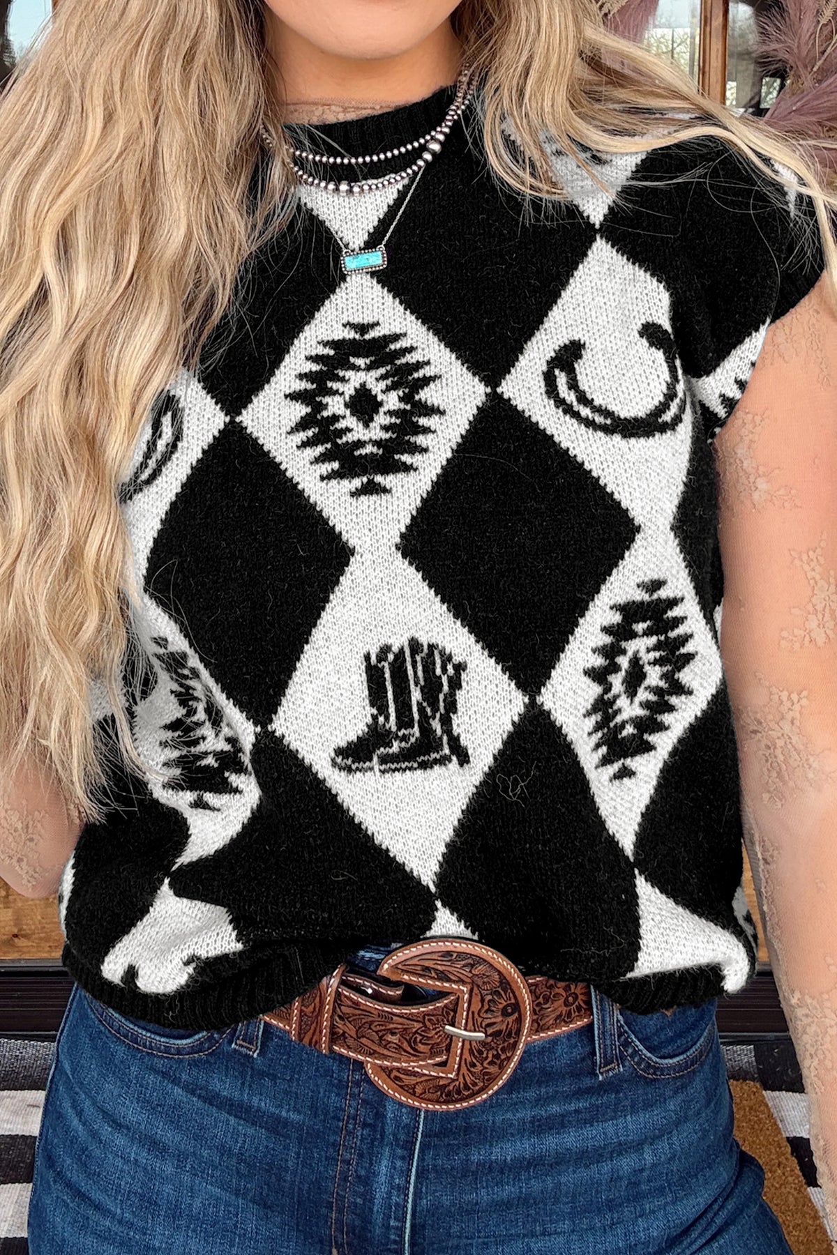 Black Retro Rhombus Western Print Drop Shoulder Short Sleeve Sweater