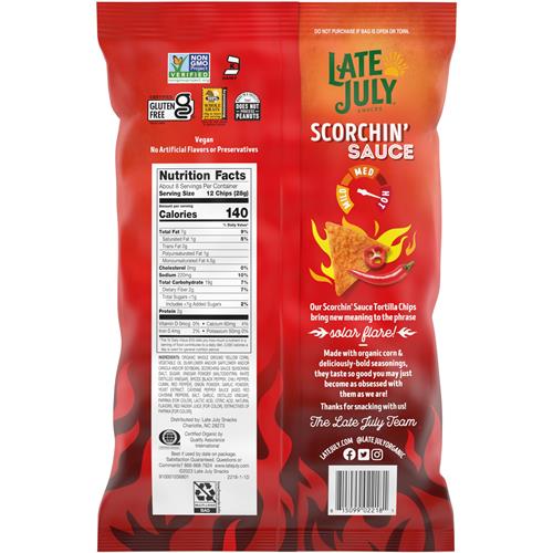 Late July Snacks, Scorchin Sauce Corn Tortilla Chips, 7.8 Oz. Bag