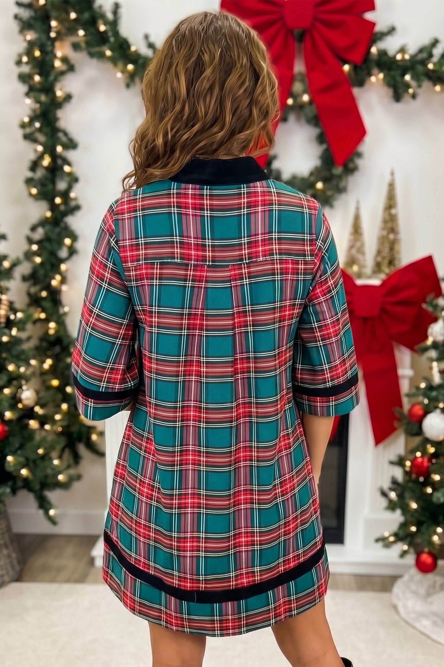 Green Plaid Velvet Trim Pockets Short Shift Dress