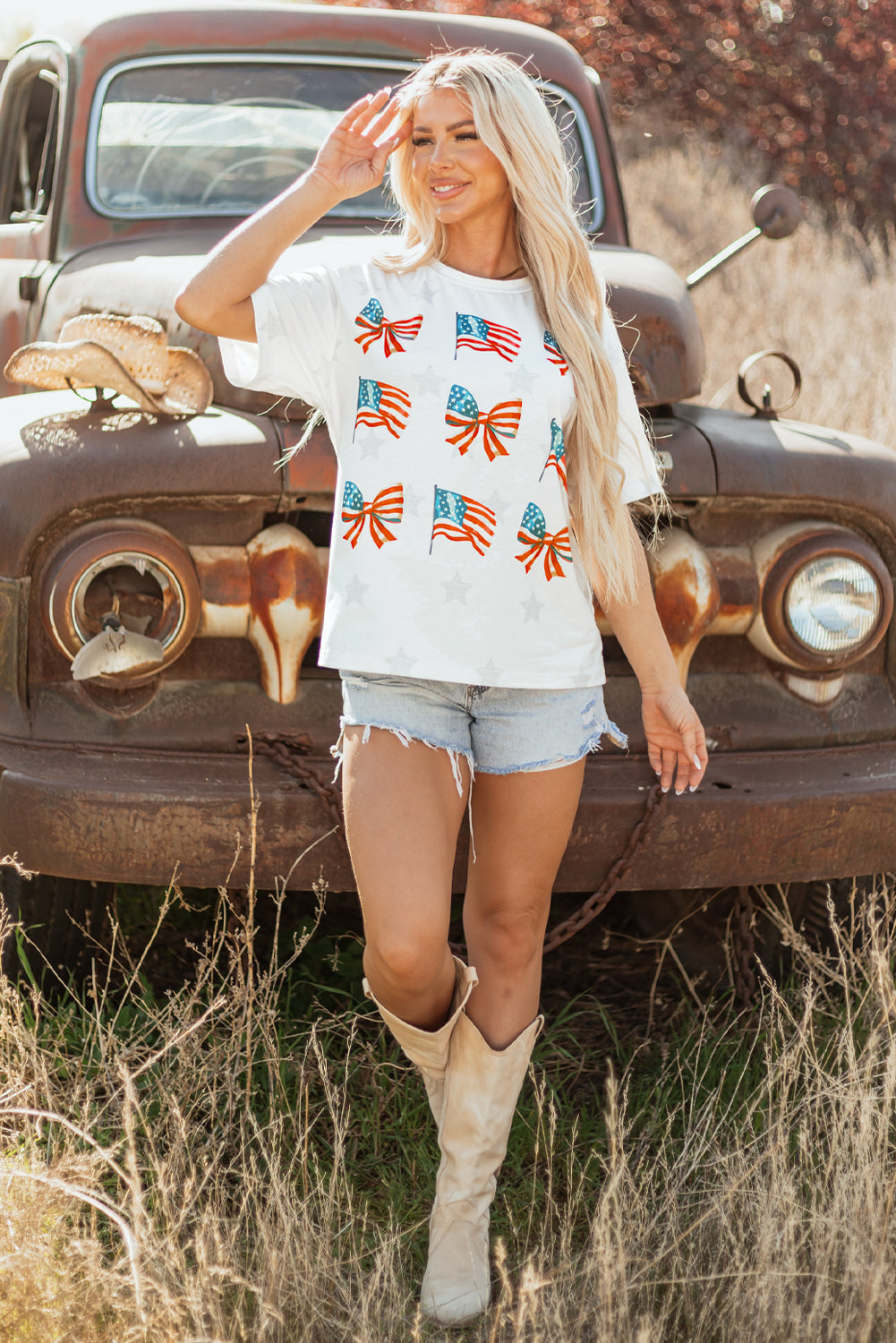Khaki Patriotic Flag Bow Graphic Starry Round Neck T Shirt
