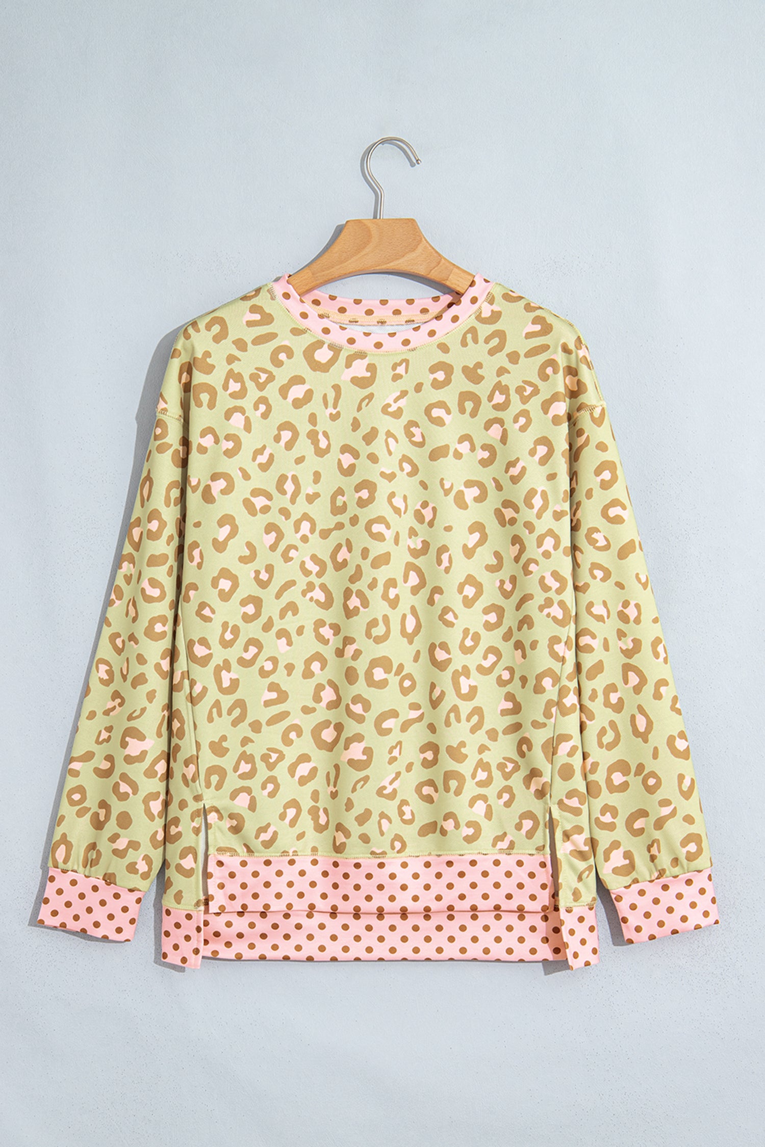 Pink Leopard Polka Dot Colorblock Trim Long Sleeve Top