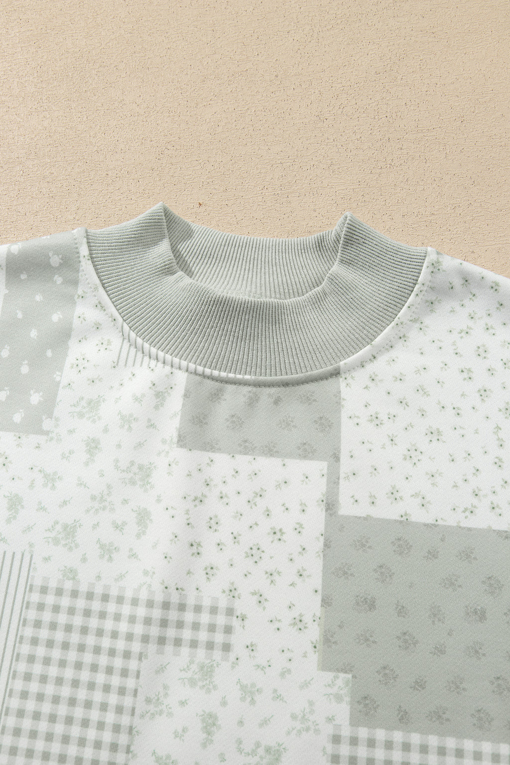 Khaki Patchwork Floral Print Mock Neck Long Sleeve Sweatshirt