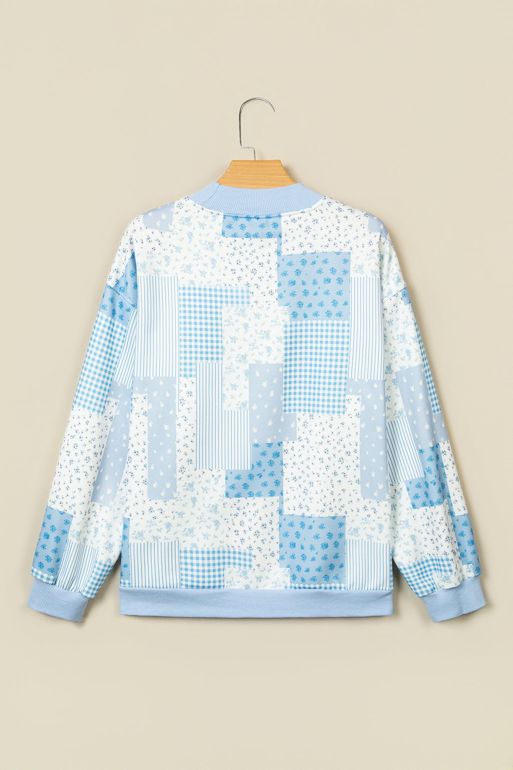Khaki Patchwork Floral Print Mock Neck Long Sleeve Sweatshirt