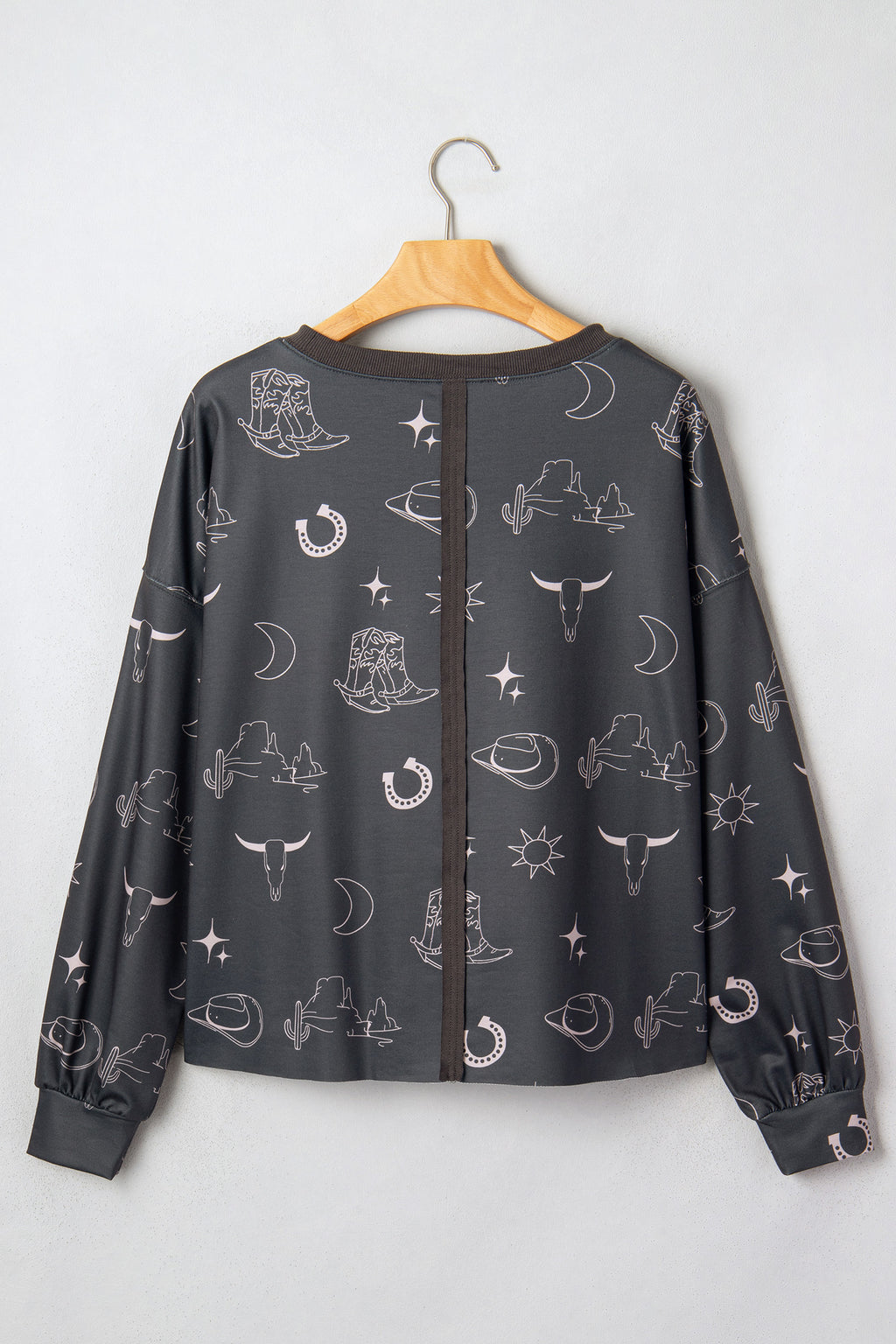 Gray Western Print Crew Neck Sweatshirt