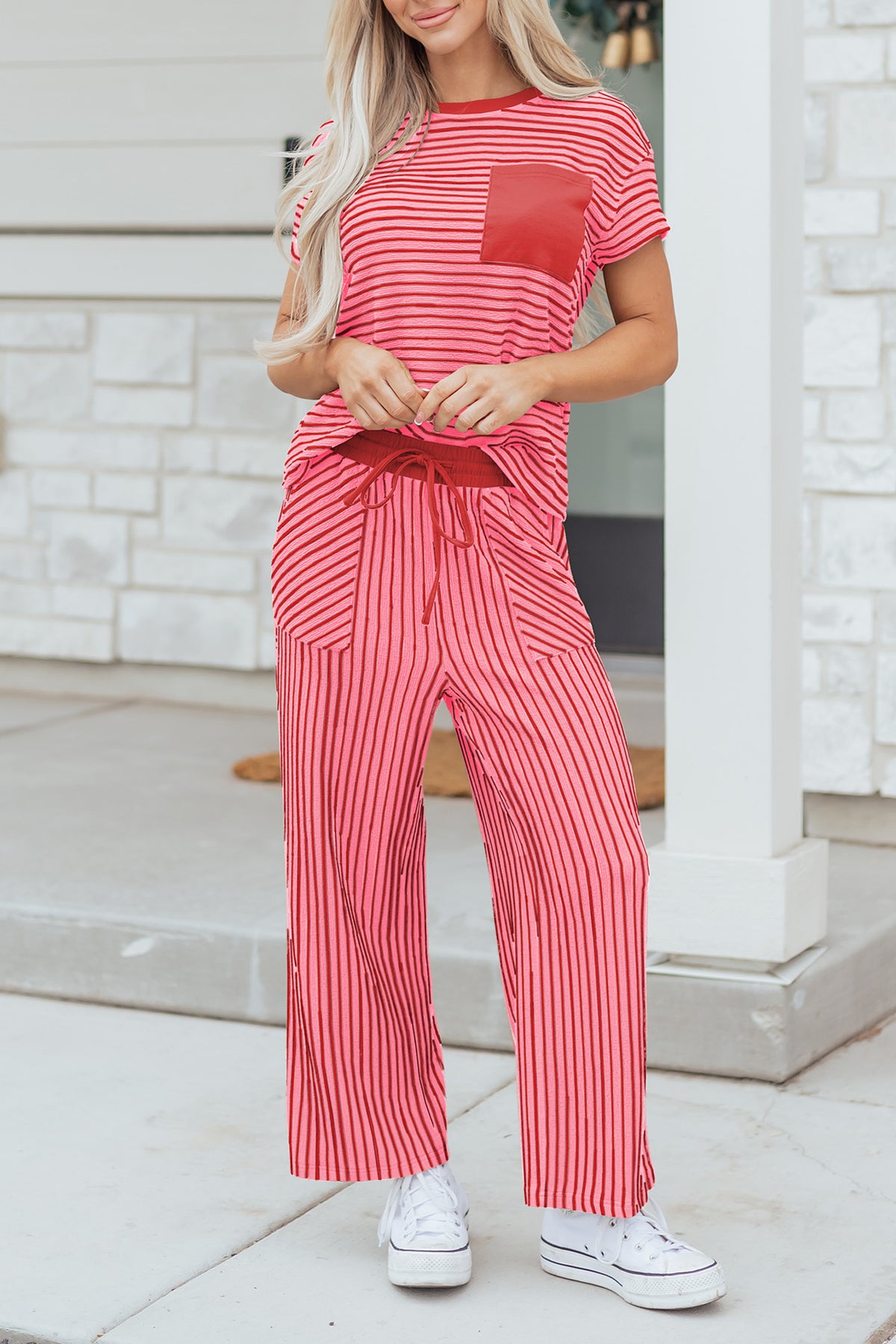Green Stripe Crew Neck Tee Drawstring Waist Cropped Pants Set