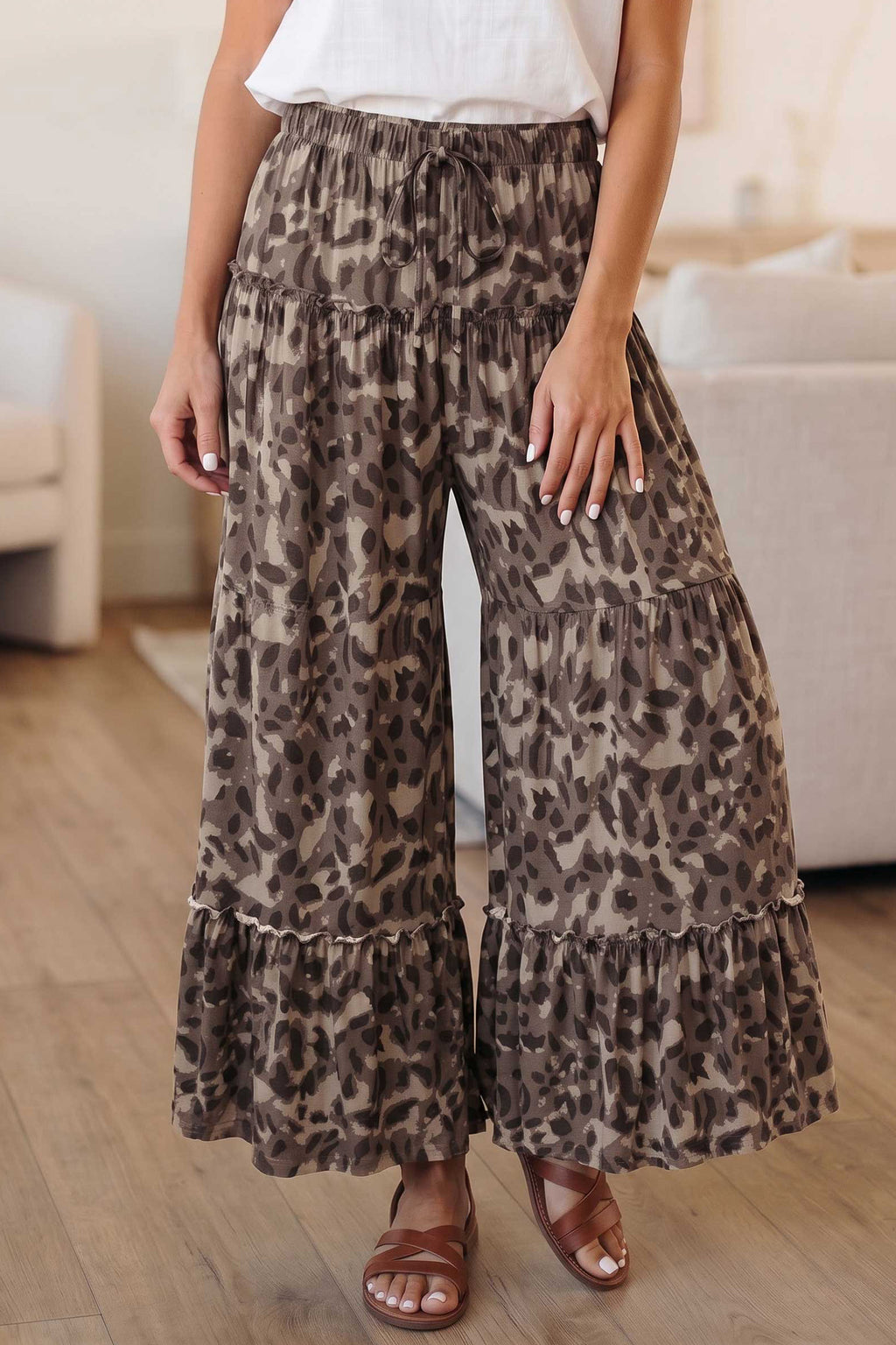 Beige Camo Print Wide Leg Casual Pants
