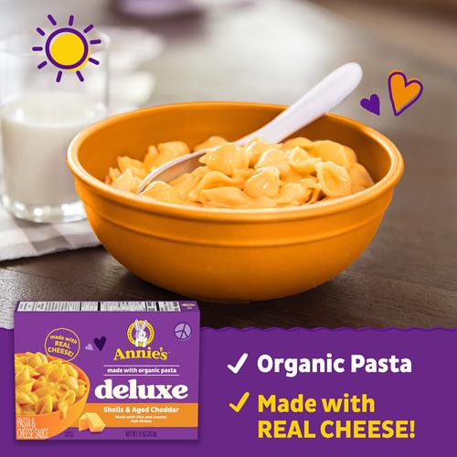 Annies Deluxe Shells And Aged Cheddar, Pasta And Cheese Sauce, Mac And Cheese Made With Organic Pasta, Dinner Side Or Snacks, 11 Oz
