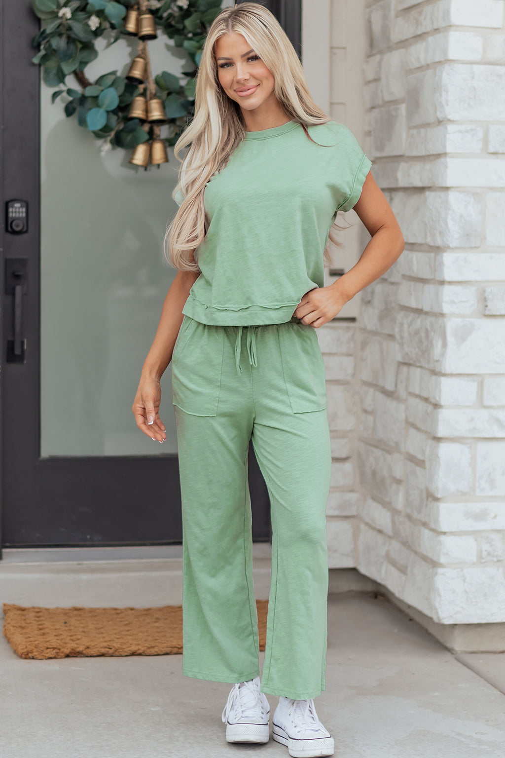 Canton Cuffed Short Sleeve Tee Raw Seam Patch Pocket Drawstring Pants Set