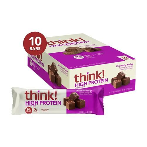 Think! Protein Bars, High Protein Snacks, Gluten Free, Kosher Friendly, Chocolate Fudge, Nutrition Bars, 2.1 Oz Per Bar, 10 Count (Packaging May Vary)