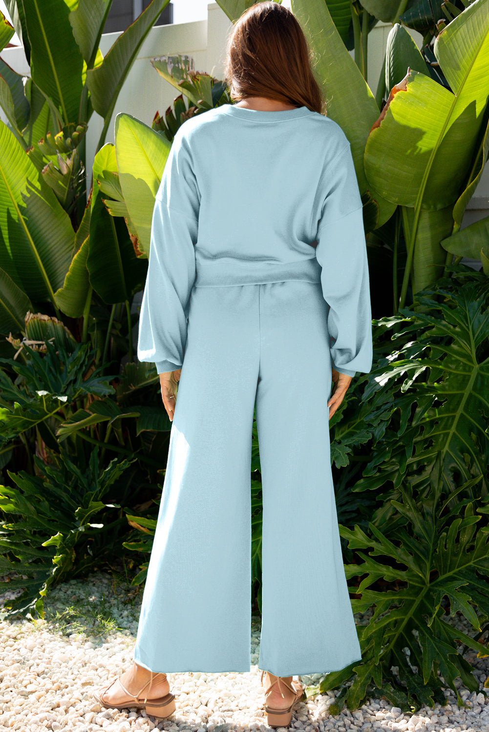 Flamingo Drop Shoulder Puff Sleeve Crop Pullover Drawstring Wide Leg Pants Set