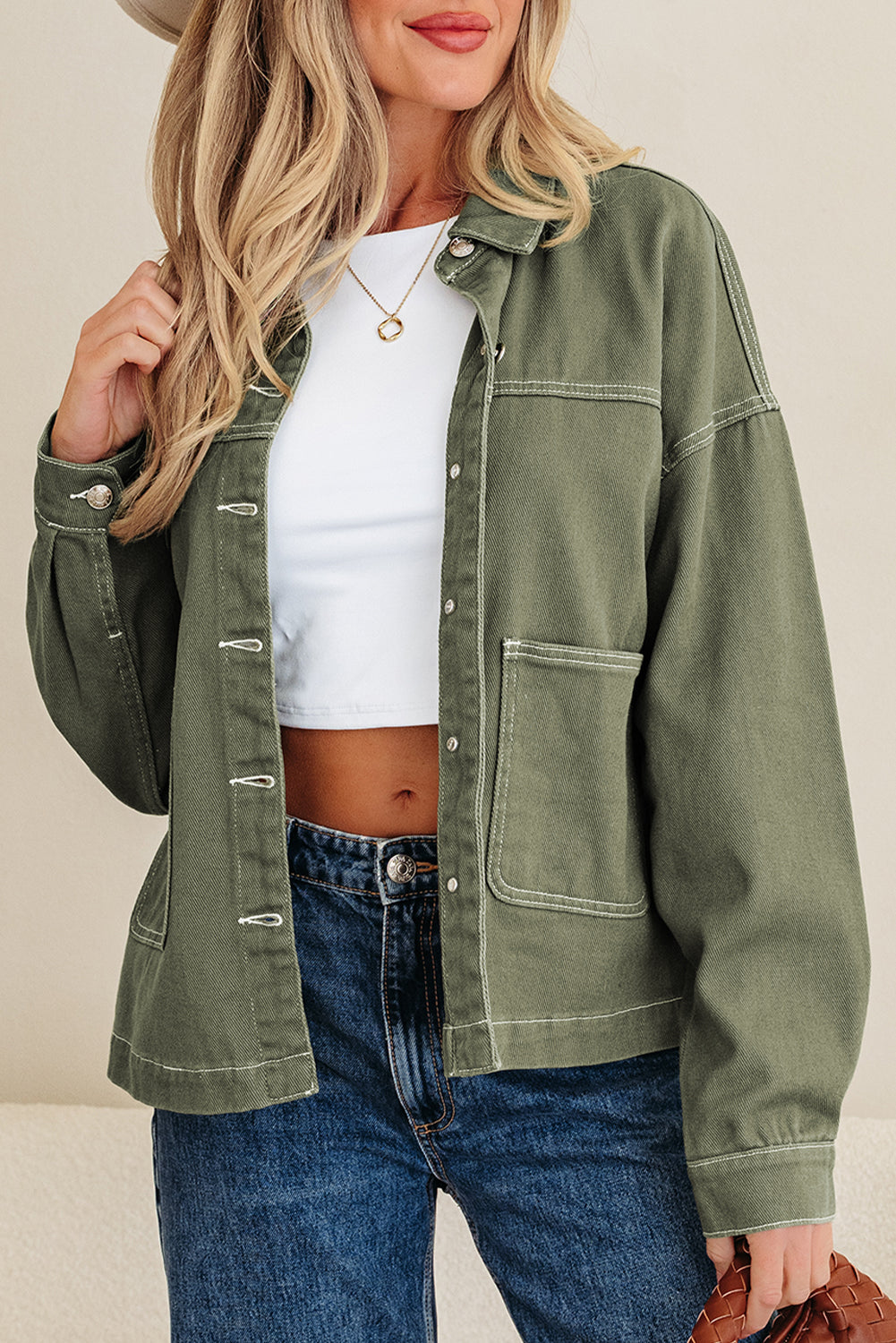 Smoke Green Patched Pocket Collared Button Front Boyfriend Denim Jacket