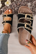 Black Embroidered Trim Retro Buckle Faux Suede Slippers