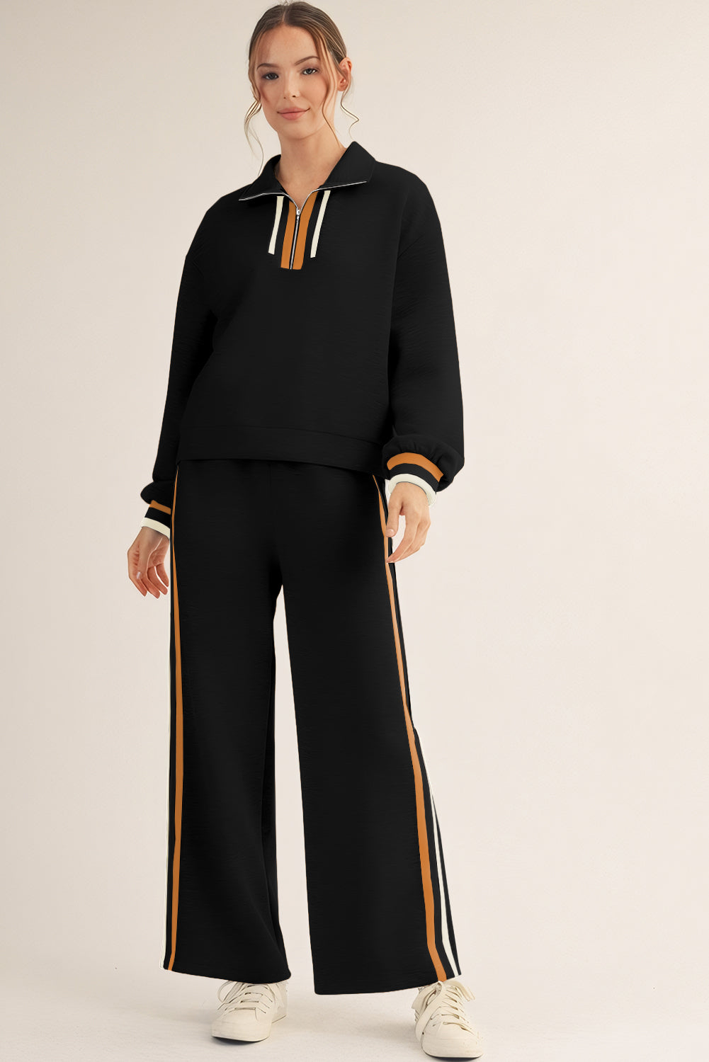 Black Striped Patchwork Quarter Zip Pullover Loose Pant Set